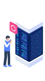 Graphic showing a man looking at a server